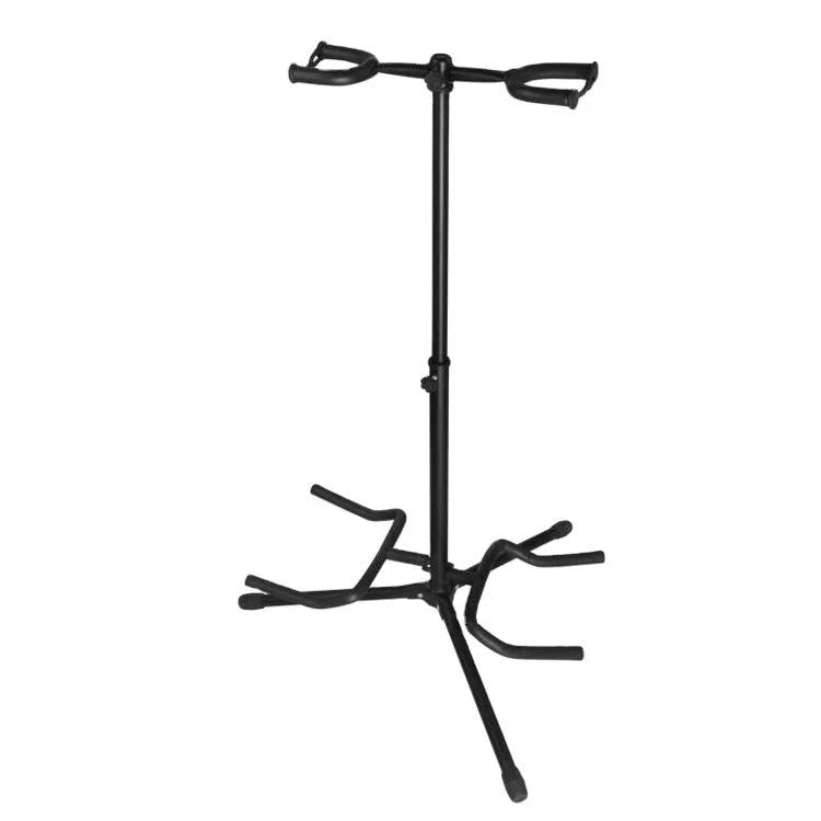 Black iron vertical double-headed guitar stand for acoustic or electric instruments