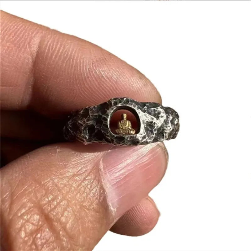 Hand-forged copper Grotto Buddha ring with a rock texture surface, shown in a classic band style.