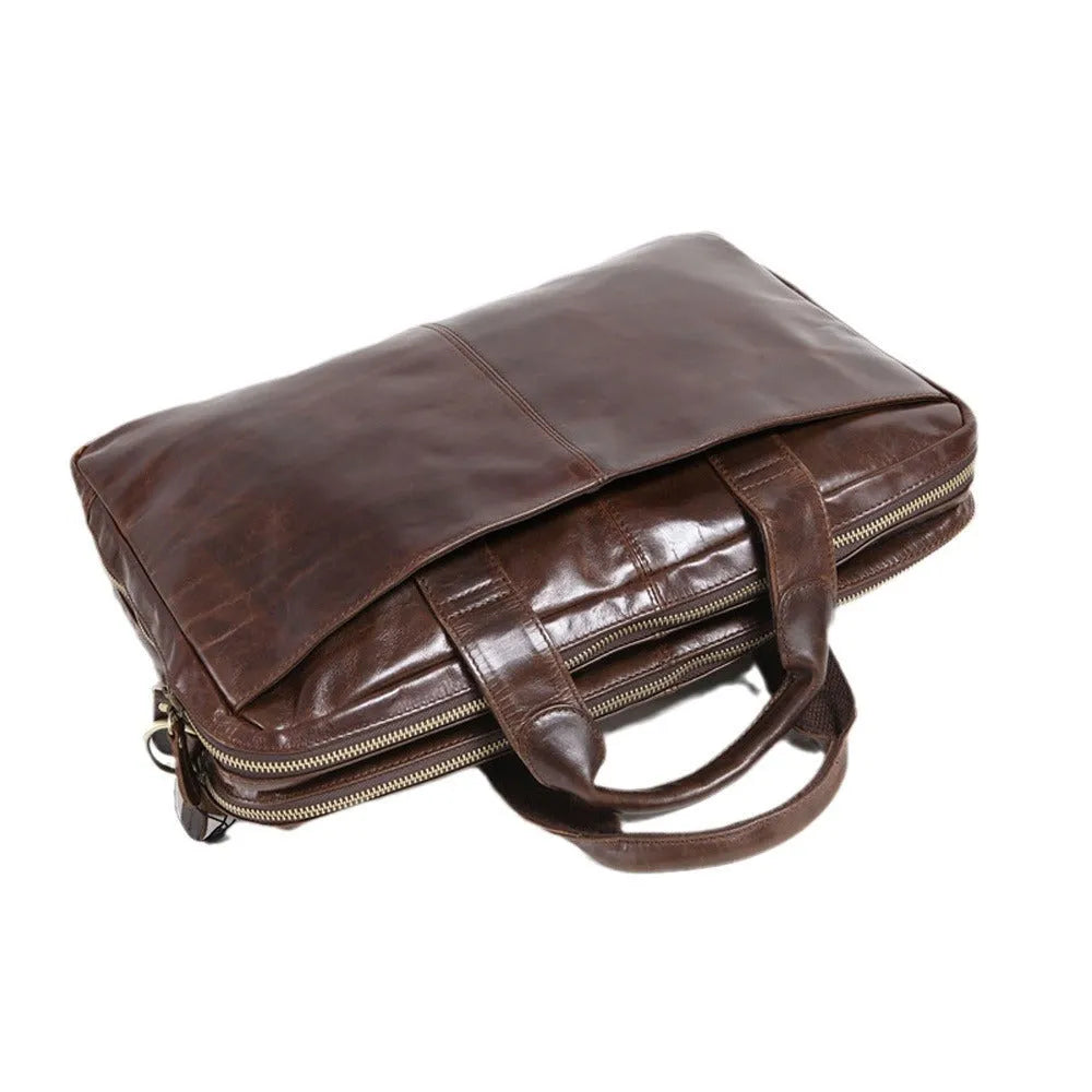 Brown 18-inch men's business briefcase in first layer cowhide leather with computer compartment