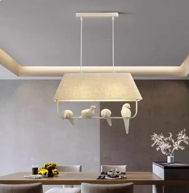 Bird-themed ceiling chandelier with fabric shade covers and iron framework for dining rooms and hallways