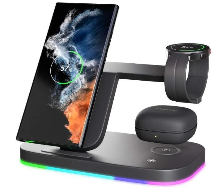 White vertical 3-in-1 wireless charging stand holding a mobile phone, a smartwatch, and wireless earbuds.