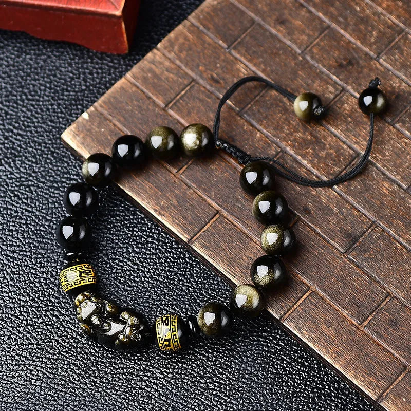 Hand-woven golden obsidian Pi Xiu bracelet with animal zodiac modelling in Chinese style