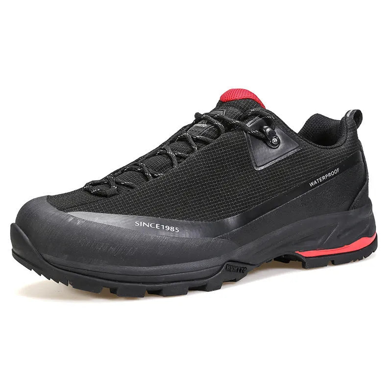 Men's low-top mountain climbing hiking boots in black with lace-up front and non-slip rubber sole.