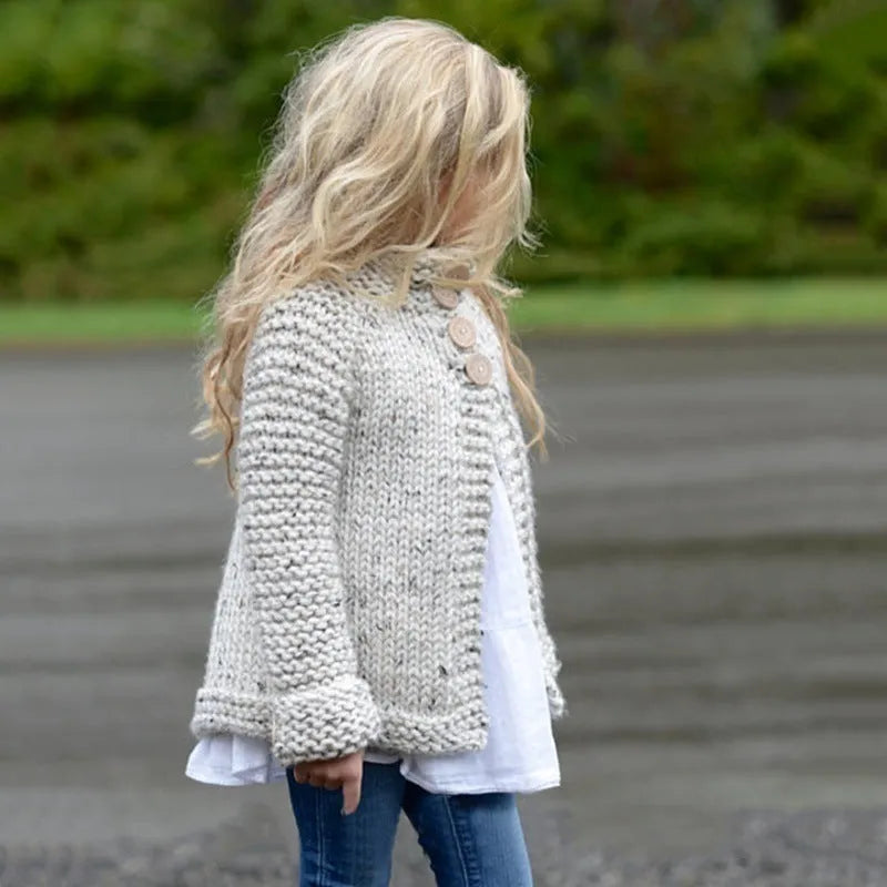 Beige rabbit hair blend girls cardigan sweater coat with long sleeves and single-breasted front