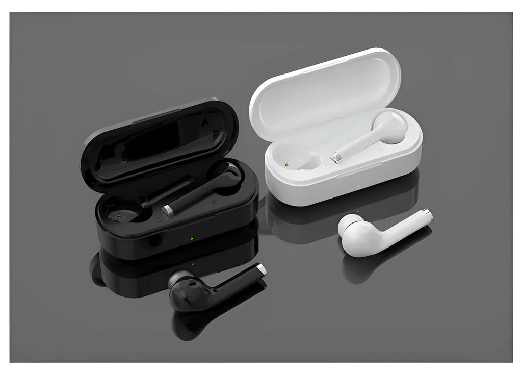 Black Bluetooth 5.0 true wireless headphones with USB charging dock