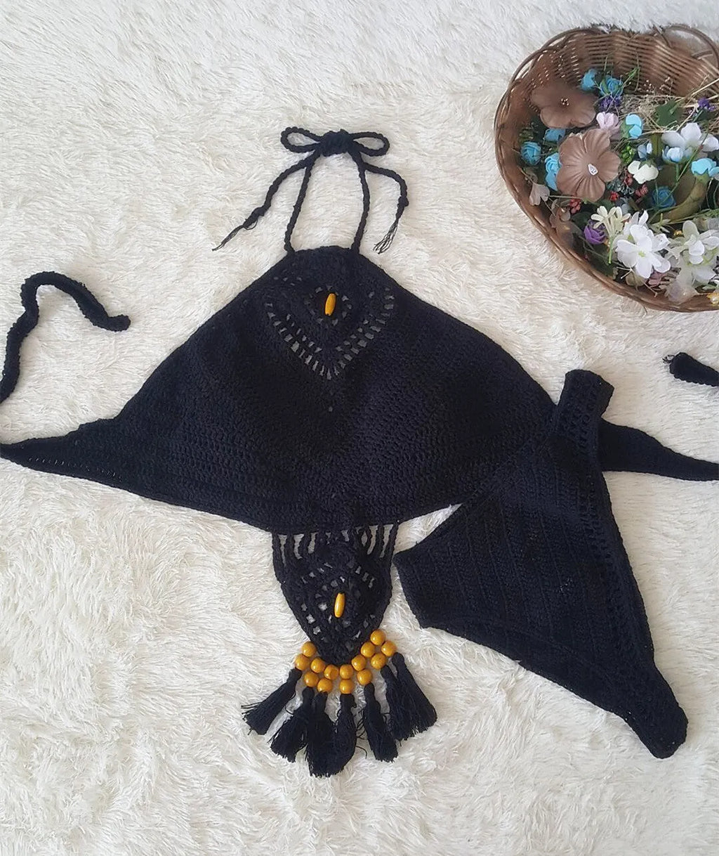 Women's crochet tassel bikini set in black, khaki, or white, sizes S M L, two-piece swimsuit for beach and pool