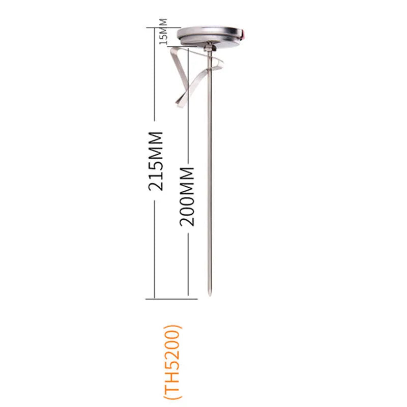Digital food thermometer with stainless steel probe showing temperature display and hygrometer reading