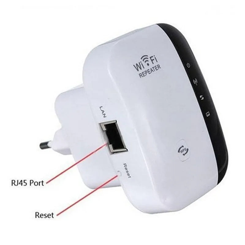 White and black 300Mbps WiFi repeater with integrated antennas and UK plug for wireless signal extension