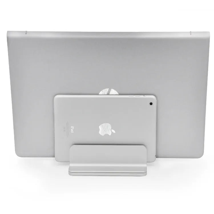 Aluminium alloy laptop vertical bracket base in silver finish, 12x15x4.7cm