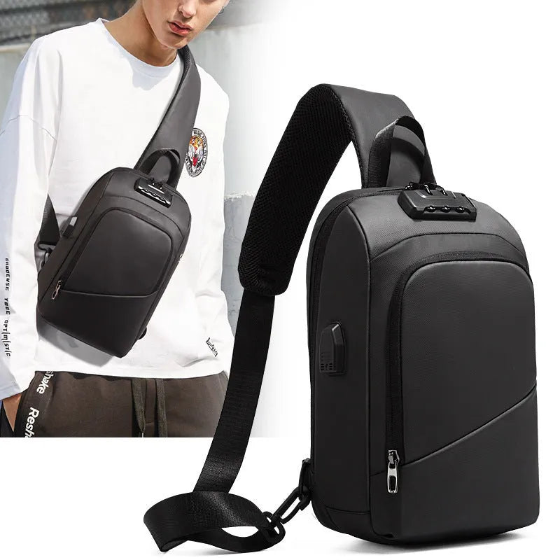 Black anti-theft chest bag with lockable zipper and USB charging port, made from Polyamide fibre, worn as a crossbody bag