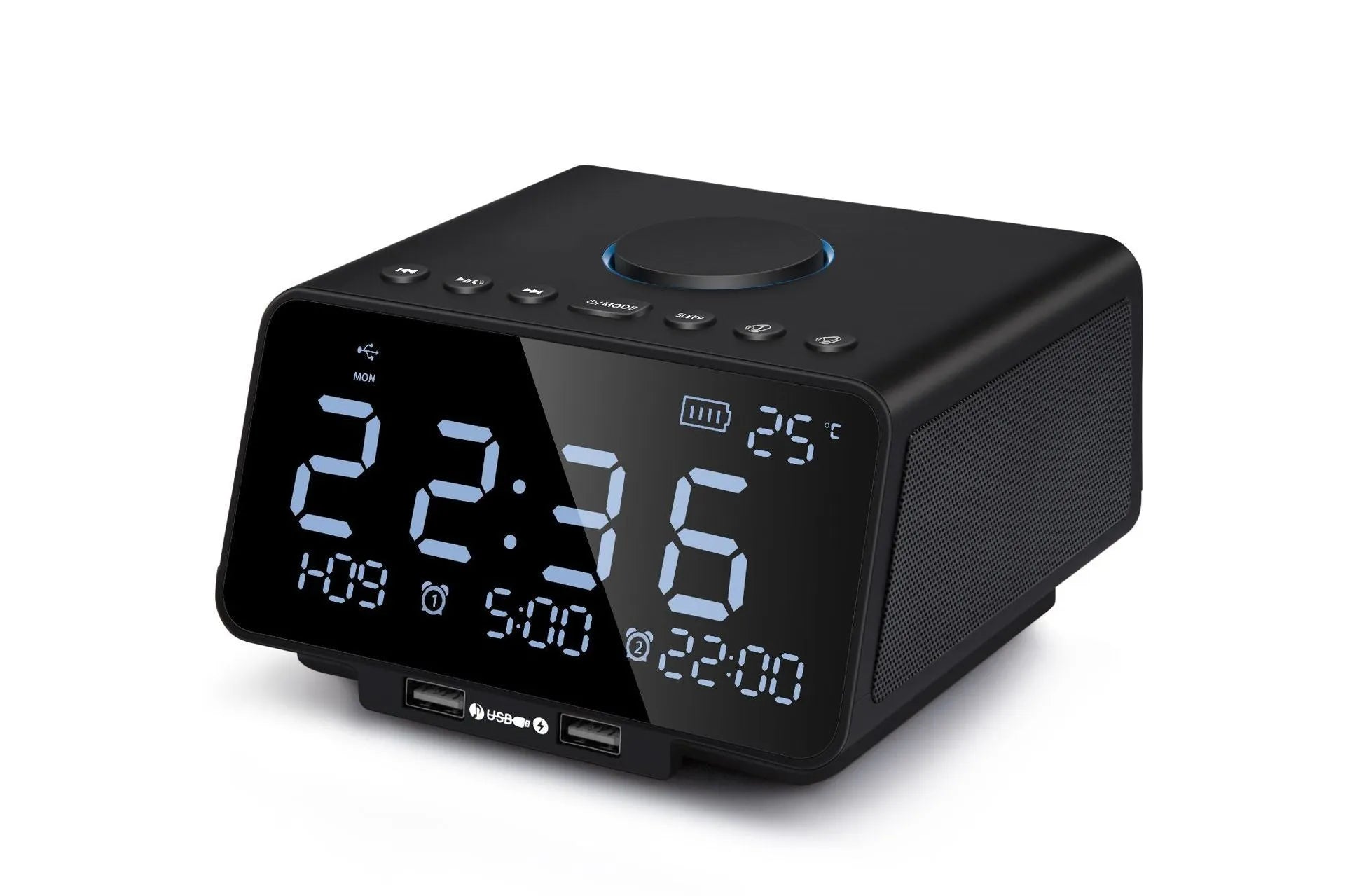 Black and white Bluetooth speaker alarm clock with dual drivers and control buttons