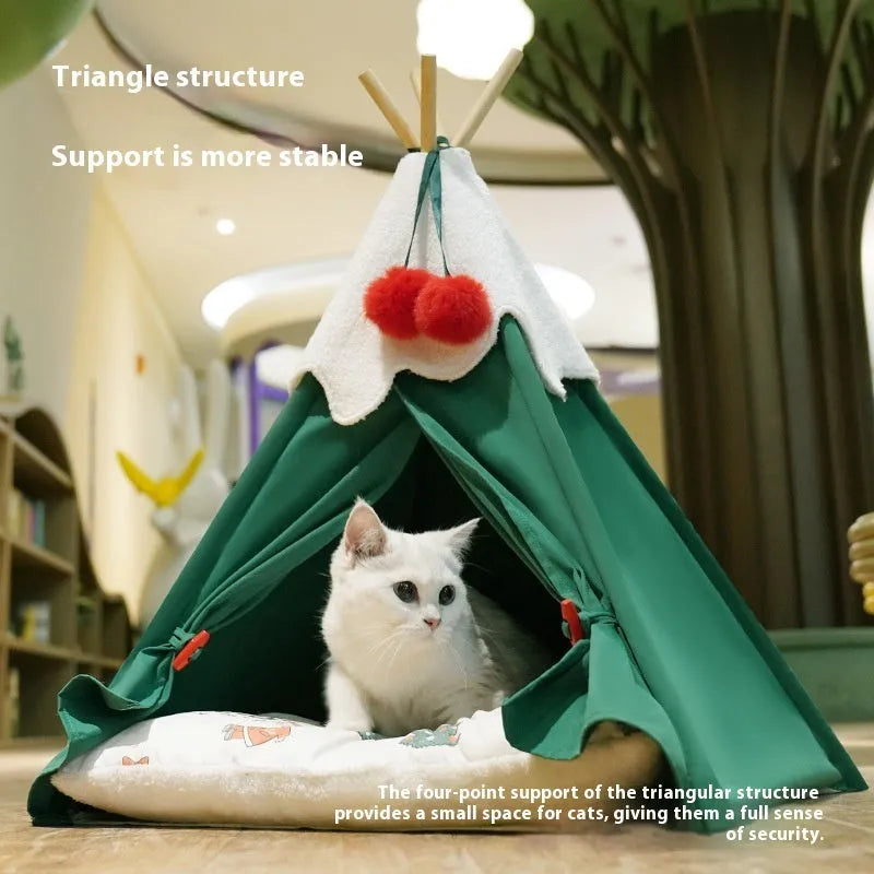 Brown semi-closed cloth cat house with thickened walls for winter sleeping