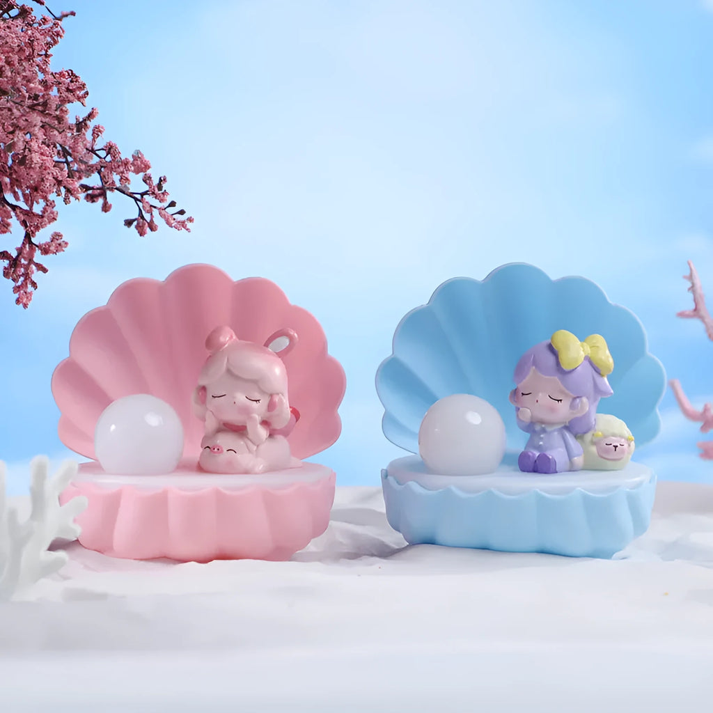 Shell Star resin cartoon night light showing Pig Girl, Bear Girl, Sheep Girl, and Miki Girl colour options