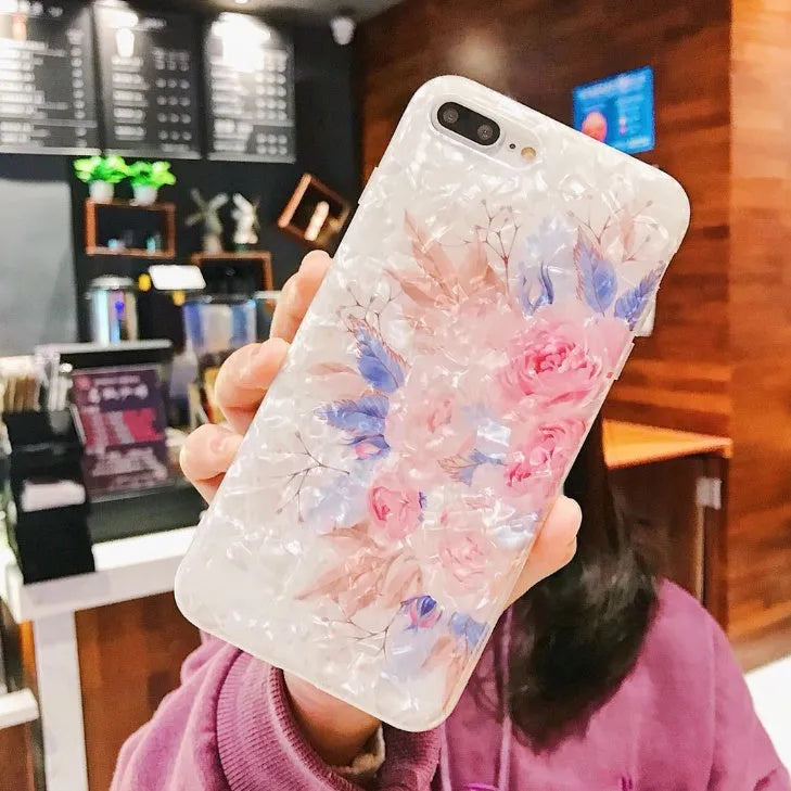 Dream Shell soft TPU iPhone case with rose flower pattern in brown, purple, or white.
