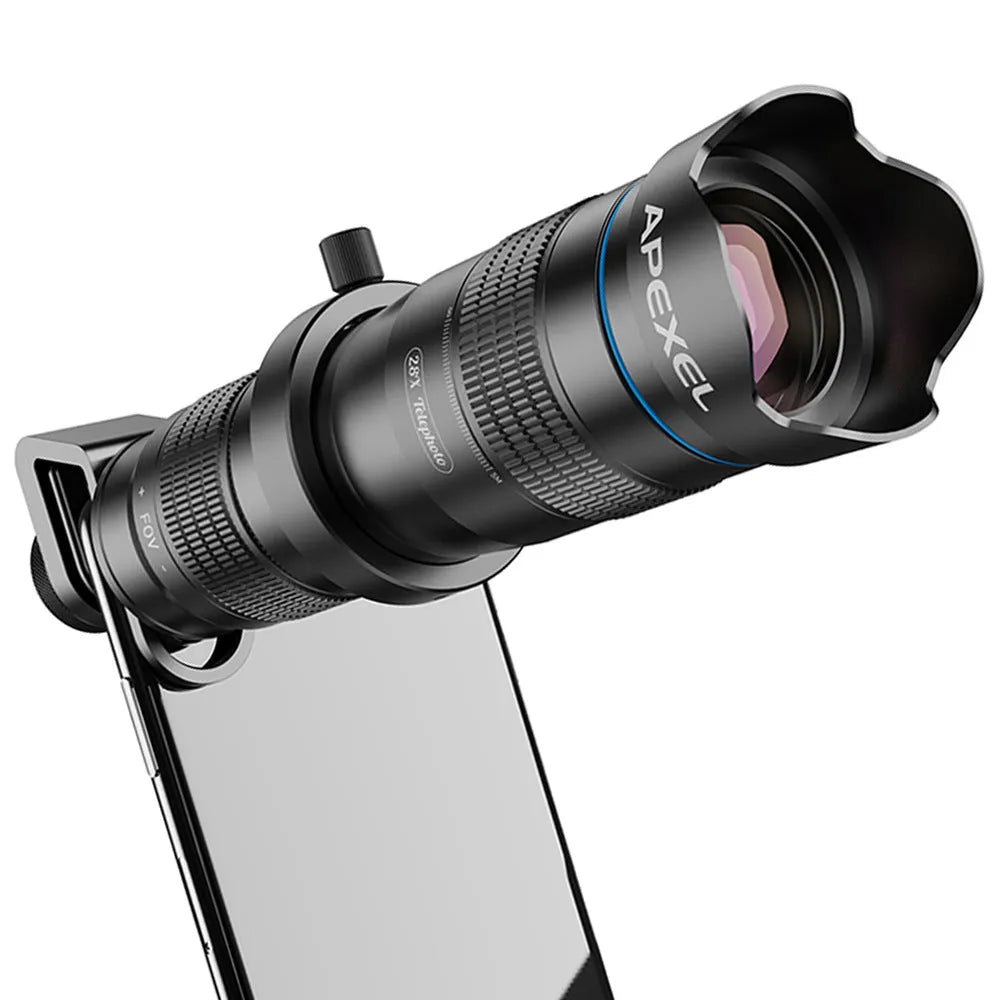 APEXEL 28 times lens black 36X magnification 199mm length multi-coated optics telephoto attachment