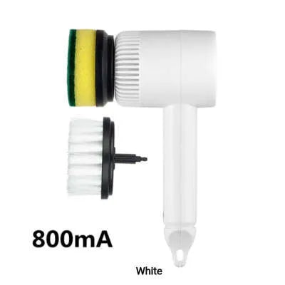 White electric cleaning brush with rotating scrub head and separate scouring pad attachment