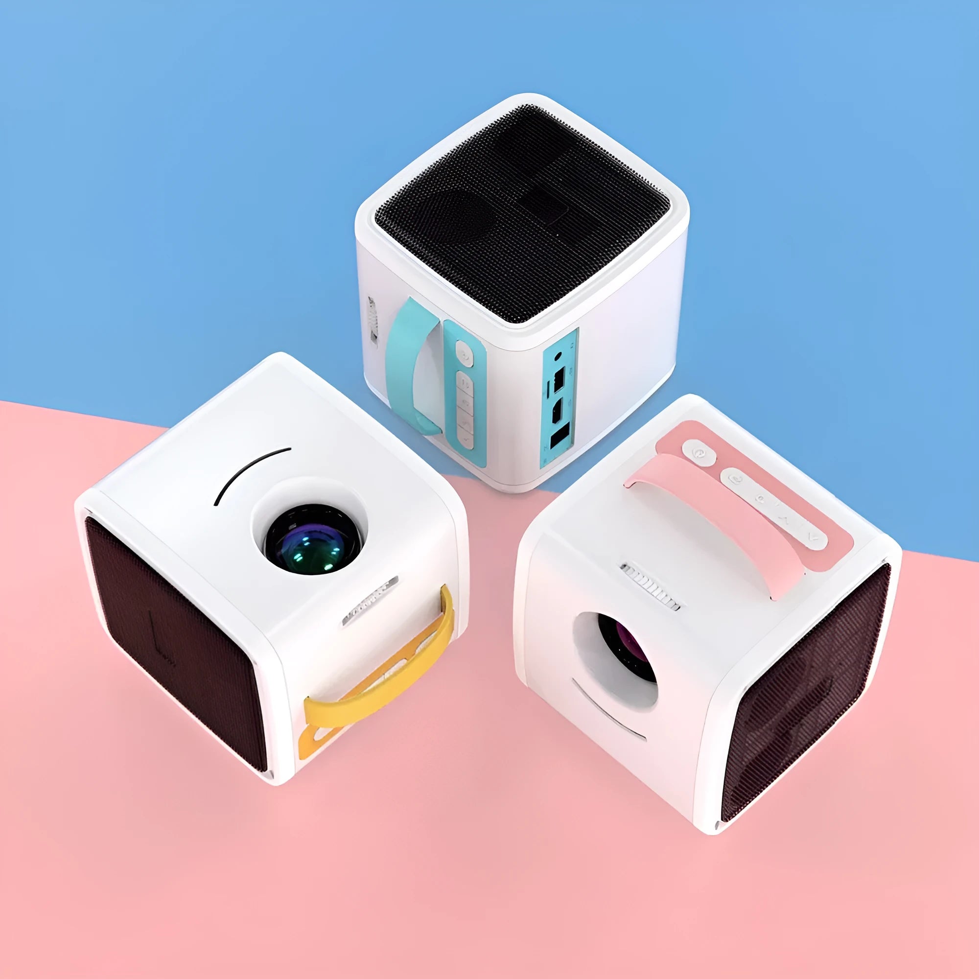 Mini home theater projector with 20-70 inch screen, 15W LED bulb, 12V power, in blue casing on a table
