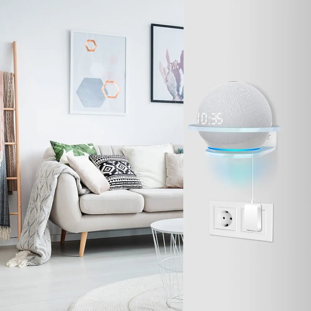 White plastic wall mounting bracket for an Amazon Echo Dot 4th Generation smart speaker.