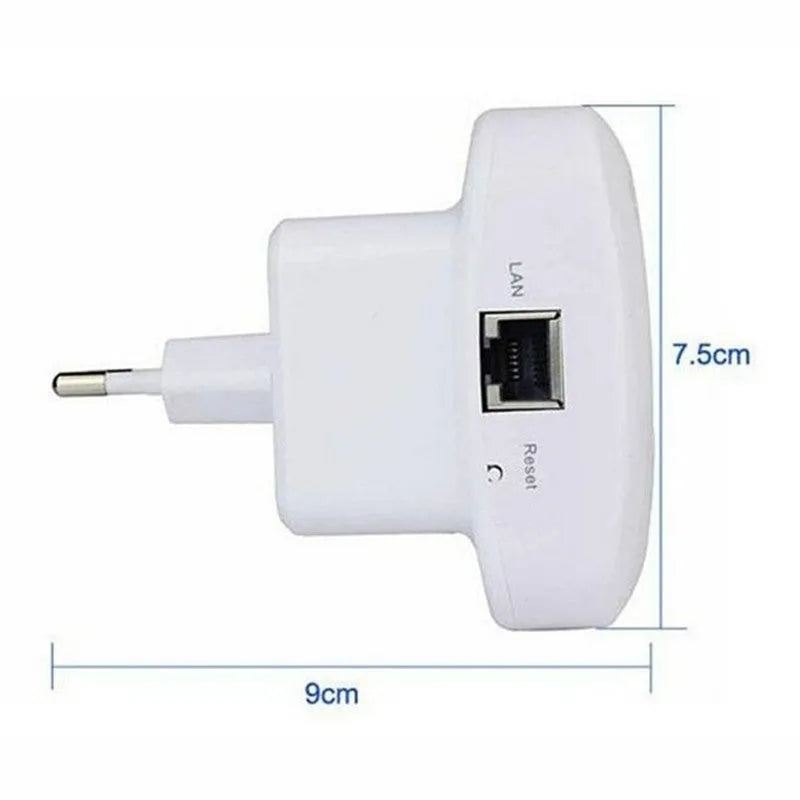 White and black 300Mbps WiFi repeater with integrated antennas and UK plug for wireless signal extension