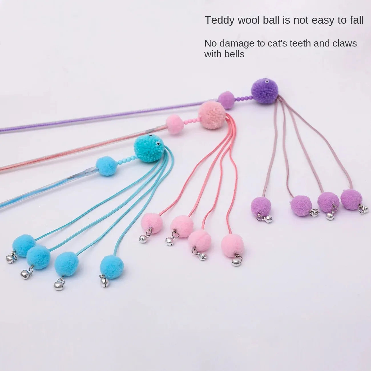 Colourful cat toy stick with a feather tassel on a foam handle in blue, pink, and purple options.
