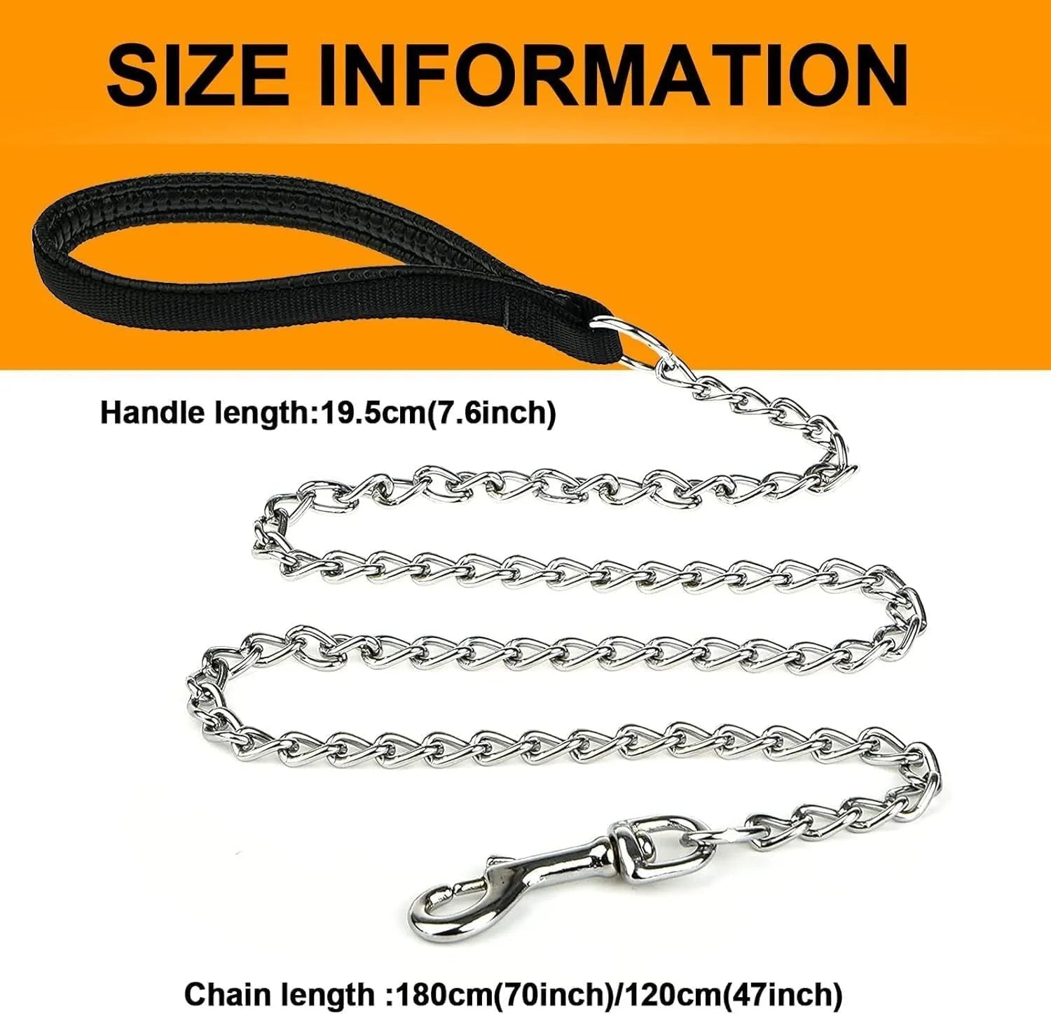 Heavy duty metal dog leash with a soft black padded handle and a chrome-plated chain.