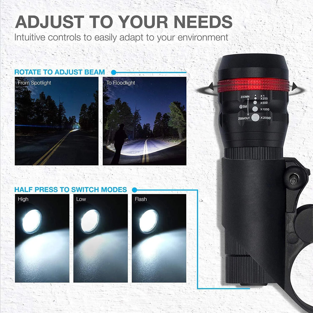 Bicycle front flashlight mounted on handlebar with bracket and separate red LED taillight for cycling safety.