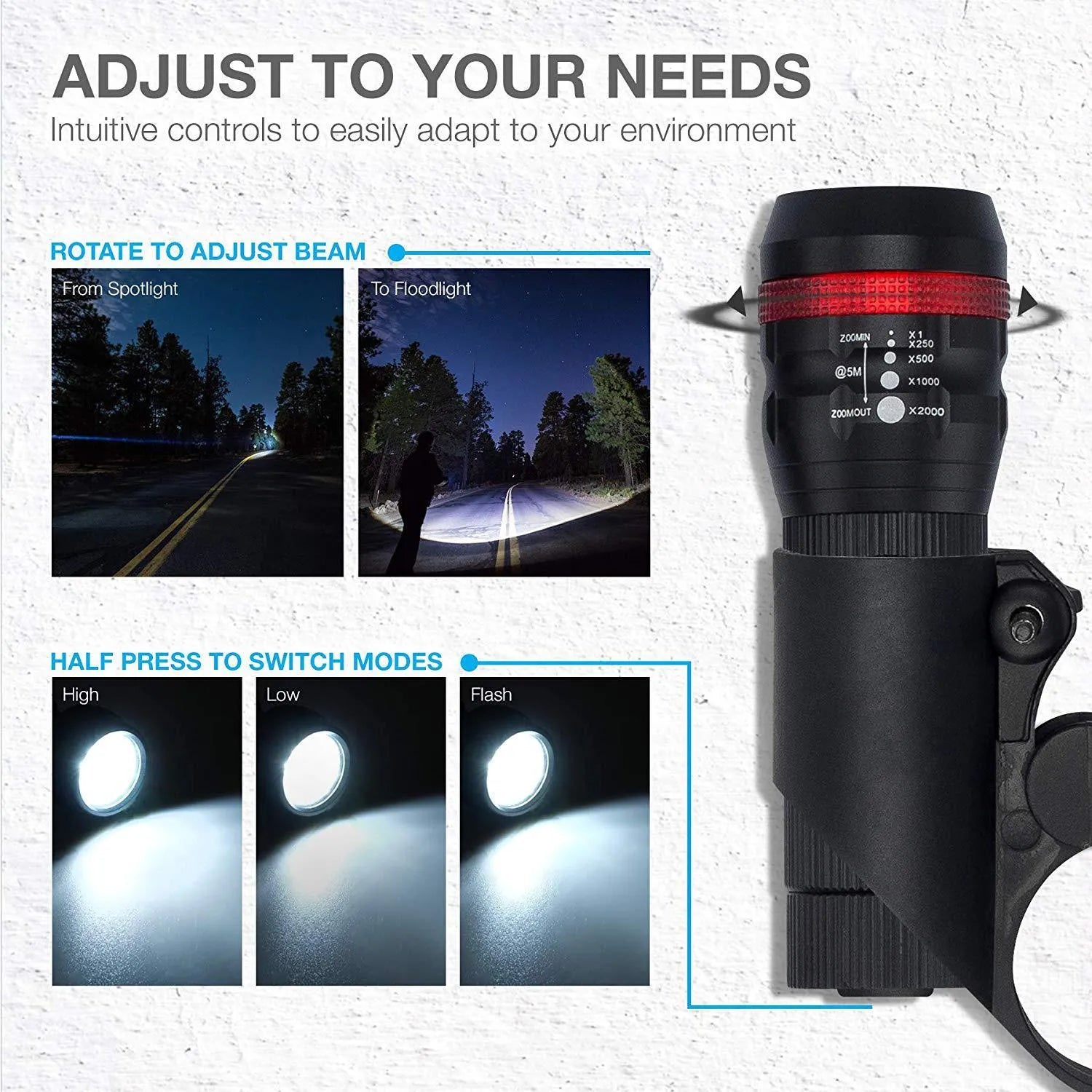 Bicycle front flashlight mounted on handlebar with bracket and separate red LED taillight for cycling safety.