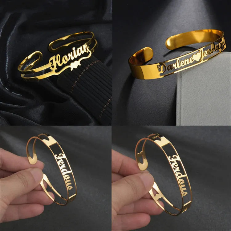 Customized name bracelet in stainless steel with silver, gold, or rose gold finish and 3mm, 6mm, or 10mm size options.