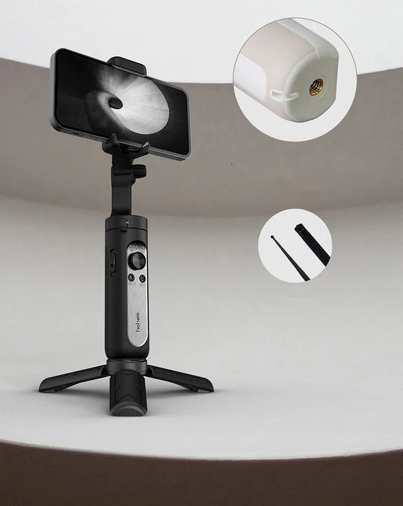 Black or white 3-axis phone stabiliser shown folded to its compact size.
