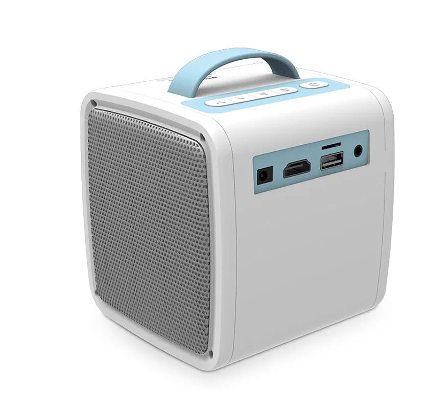 Mini home theater projector with 20-70 inch screen, 15W LED bulb, 12V power, in blue casing on a table