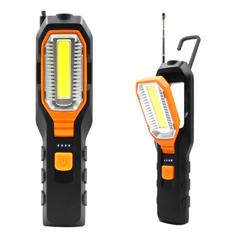 Multifunctional COB work light in ABS plastic housing with LED light, available as dry battery or rechargeable USB model