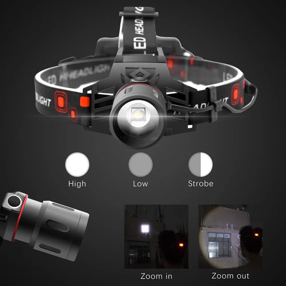 T6 LED zoom headlamp showing white, red, and green light modes on an adjustable headband.