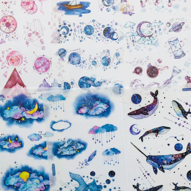 Abu Japanese paper sticker set with fantasy stars pattern, showing 10.5 by 14.1 cm size