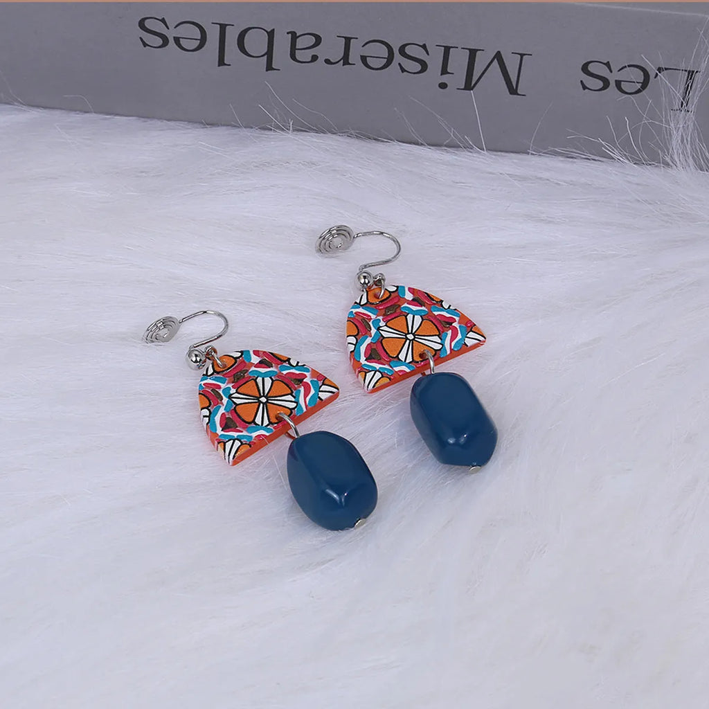 Retro yellow blue contrast acrylic earrings with irregular geometric shapes and electroplated finish