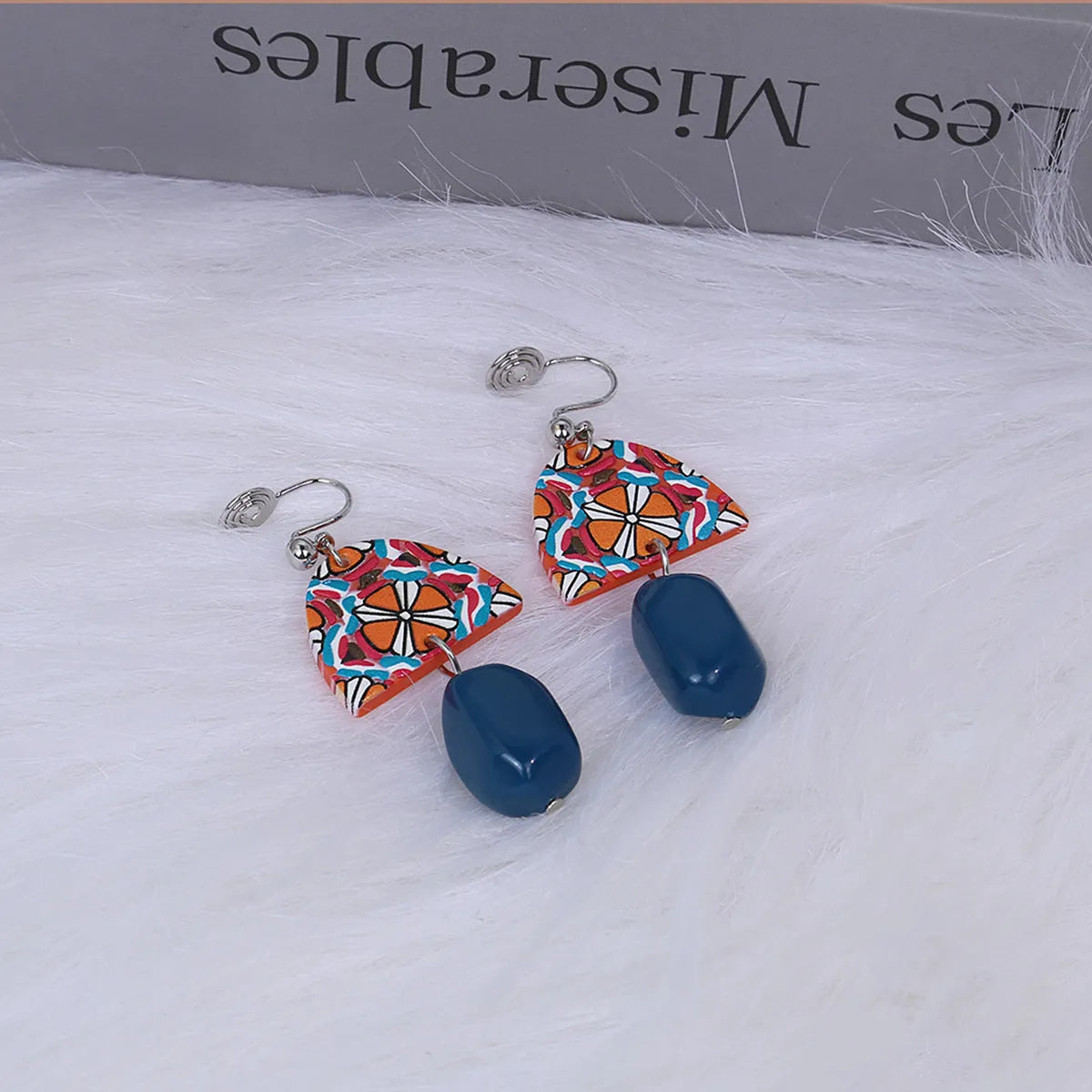 Retro yellow blue contrast acrylic earrings with irregular geometric shapes and electroplated finish