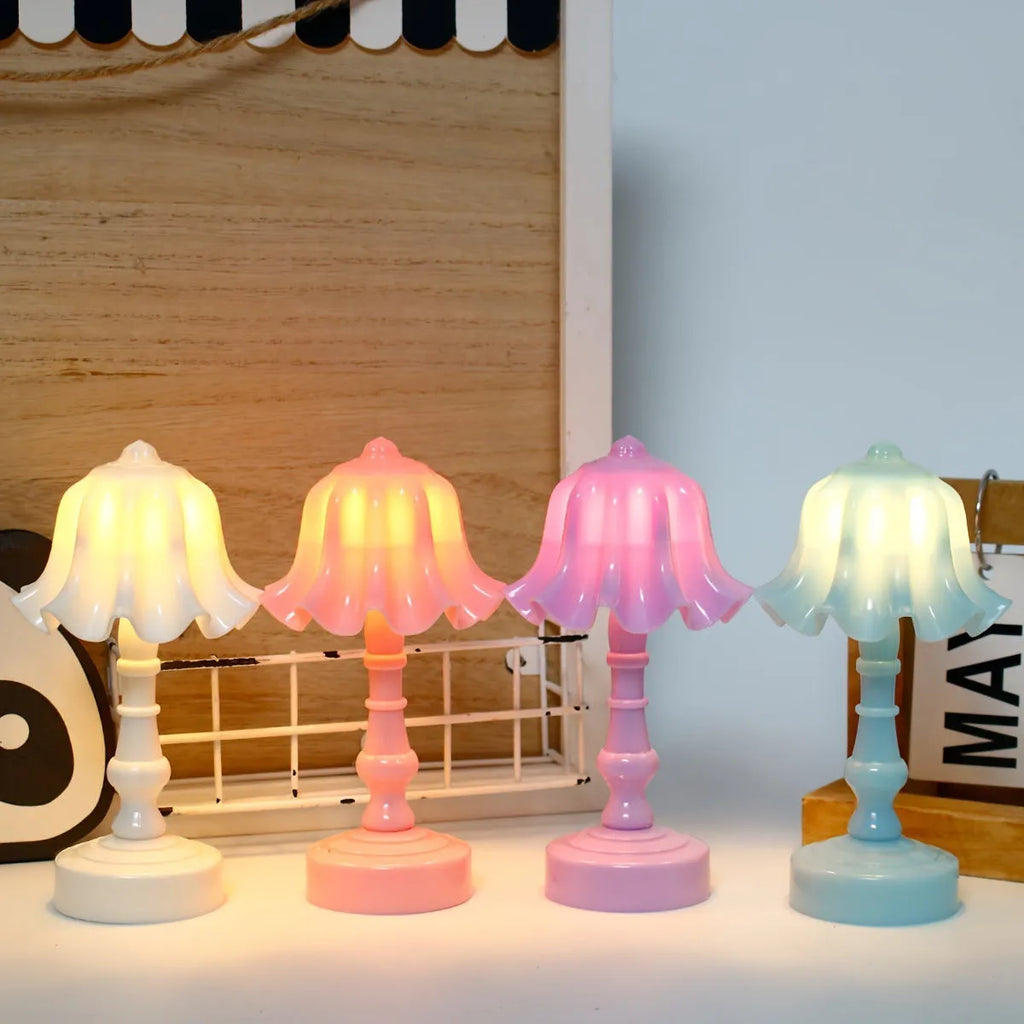 Decorative cute table lamp with built-in battery, cartoon geometric stereo shape, Blue Bell Flower size, and pleated or bell flower colour options
