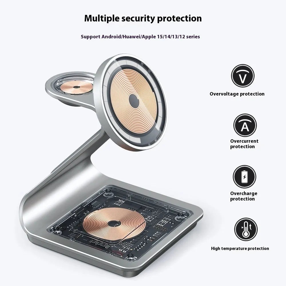3-in-1 metal magnetic wireless charger stand charging iPhone, Apple Watch and AirPods on desk