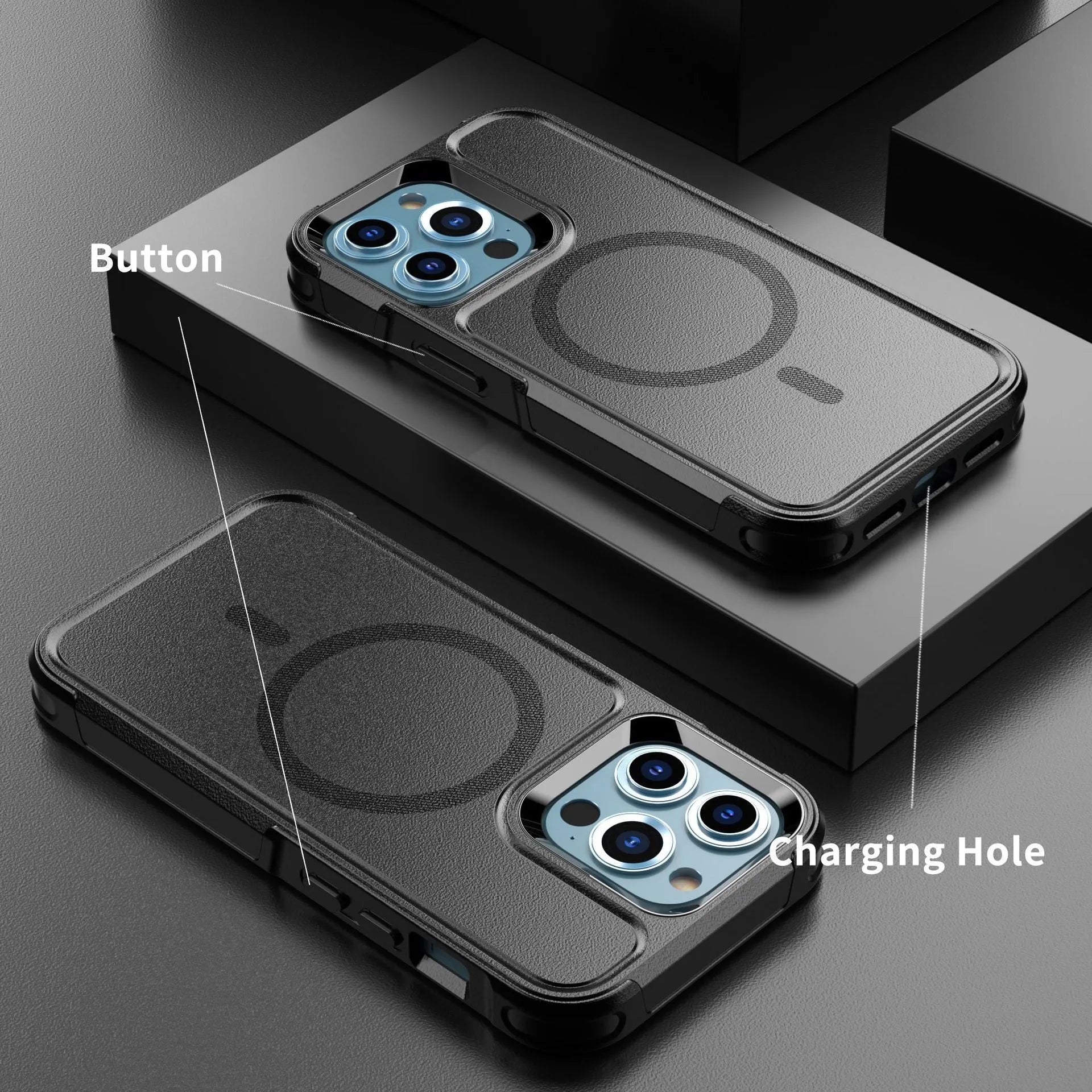 Black shatterproof magnetic phone case for iPhone 12 and 13 series on a table