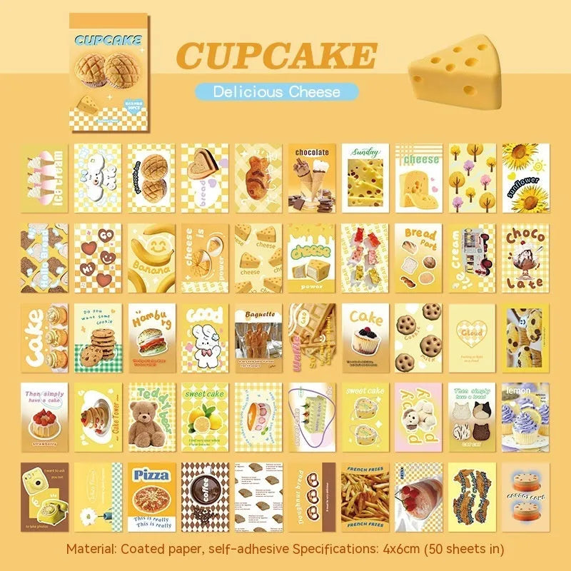 American retro cartoon style sticker book open to show 4x6cm sheets in one of six colour options.