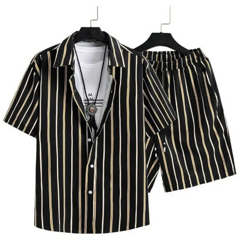 Men's short sleeve cardigan and matching shorts set with a digital pattern, shown in colour Suit 52.