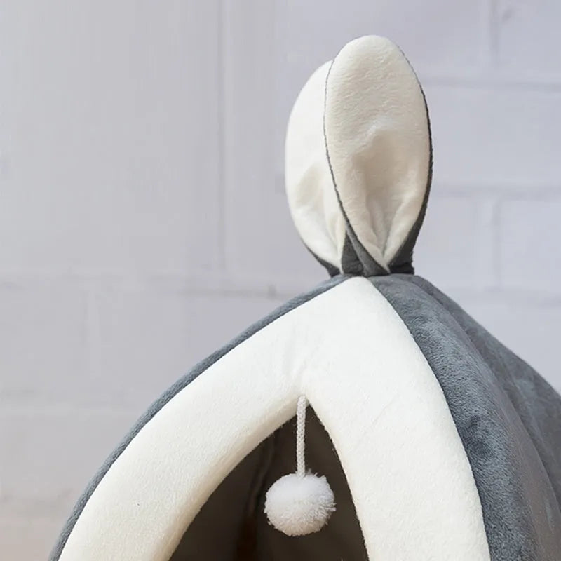 Rabbit ear Mongolian nest pet bed in arctic velvet and PP cotton, grey and pink, sizes S to XL