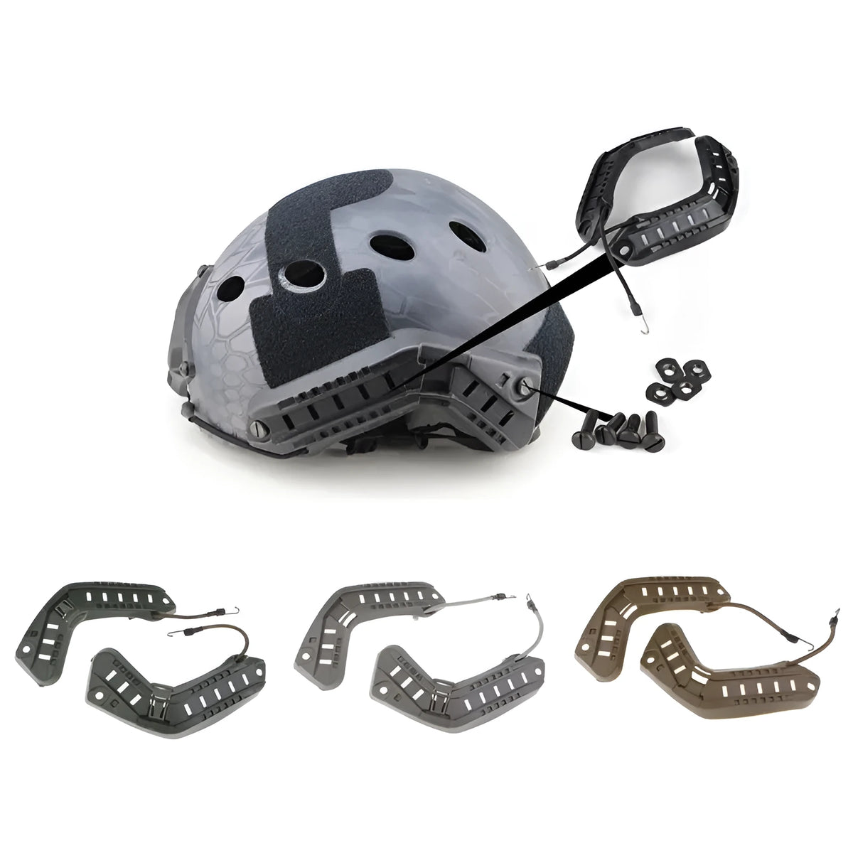 Quick helmet accessory in one size, ABS plastic, shown in Army Green, Black, Grey and Mud colour