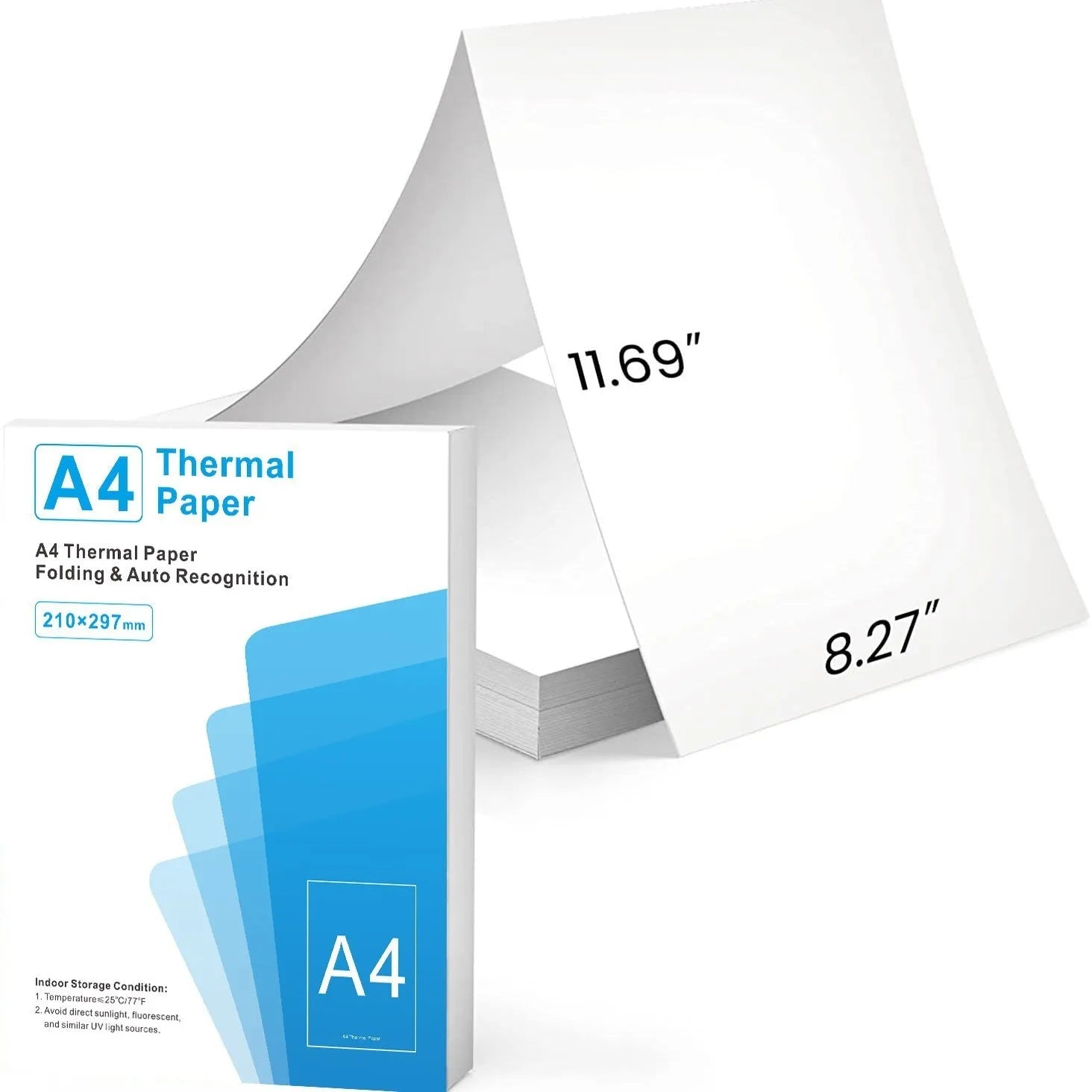 White A4 thermal printer paper in colour box packaging with dimensions 210x297mm