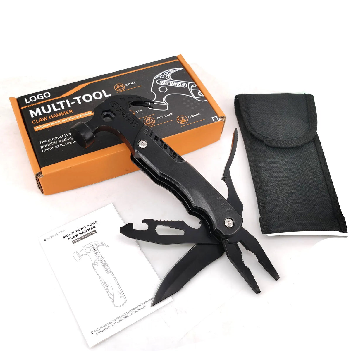 Multifunctional nail hammer MS017 with claw head, 160 x 75 x 23mm, storage bag and manual for home and camping use