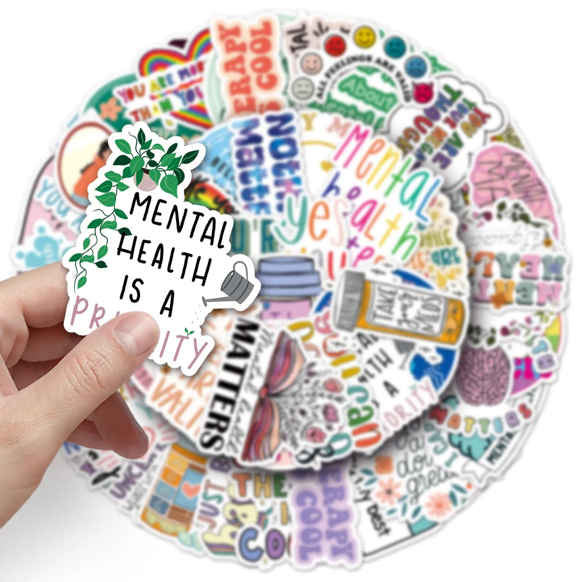 50 mental health graffiti stickers in English slogan designs, paper, 5.5-8.5cm, for phone cases and luggage