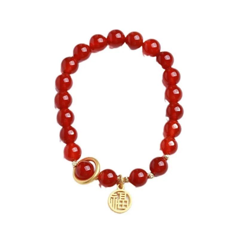 Natural red agate bracelet with woven beads and blessing card in national style