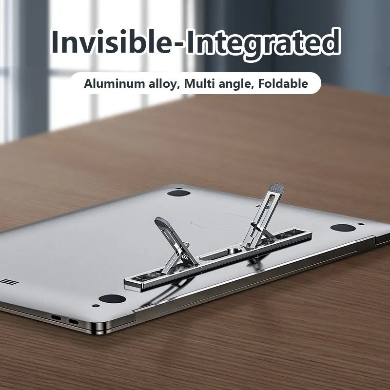 Aluminium alloy adjustable laptop cooling stand in silver or dark grey on a desktop