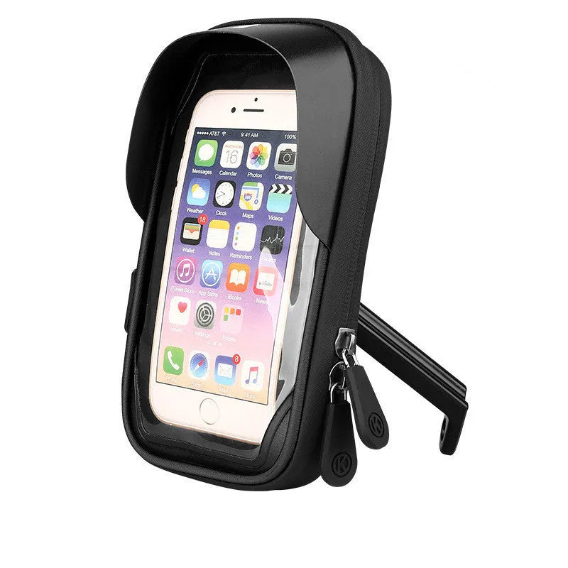 Waterproof mobile phone stand for bicycle handlebars or car mirrors in black, blue, or red colours