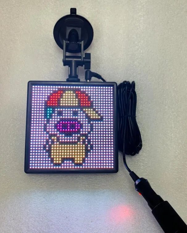 32x32 Bluetooth LED car display screen with aluminium frame showing RGB graphic.
