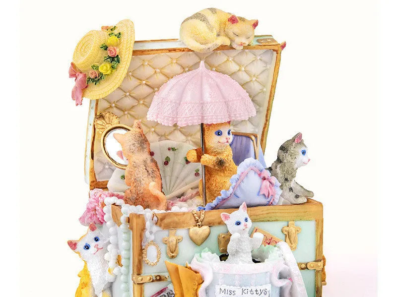 Cold porcelain European style cat jewellery box music box with rotating snowflake illumination